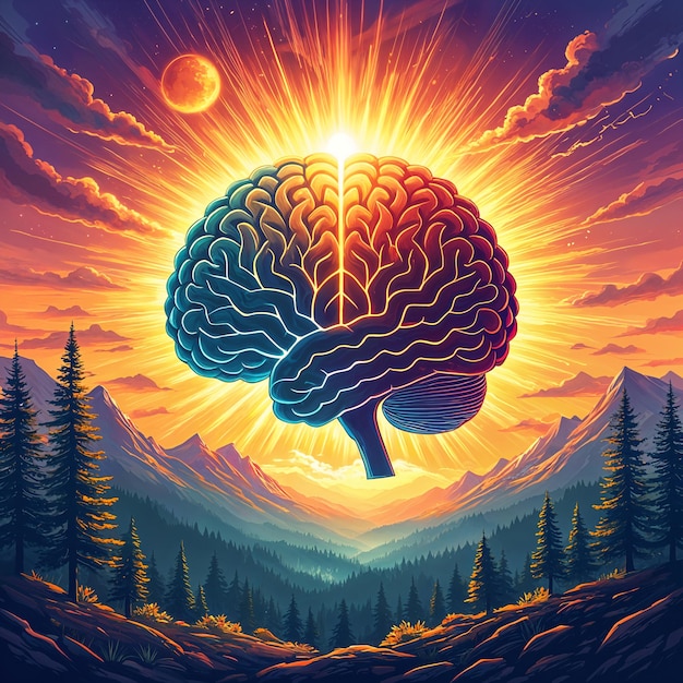 A vibrant and colorful depiction of a human brain surrounded by a radiant sunburst set against the backdrop of a mountainous landscape with trees and a clear sky