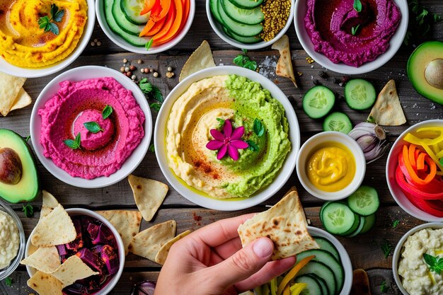 Photo vibrant colorful display hummus