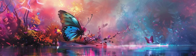 A vibrant colorful fantasy landscape featuring a beautiful butterfly reflecting on the tranquil water amidst mystical surroundings