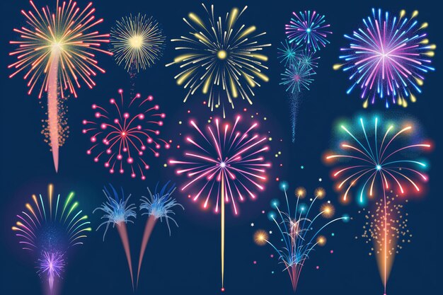 Vibrant and colorful fireworks display illustration in the night sky for festive celebration events and holidays with dazzling explosion patterns and abstract graphic elements Perfect for new year