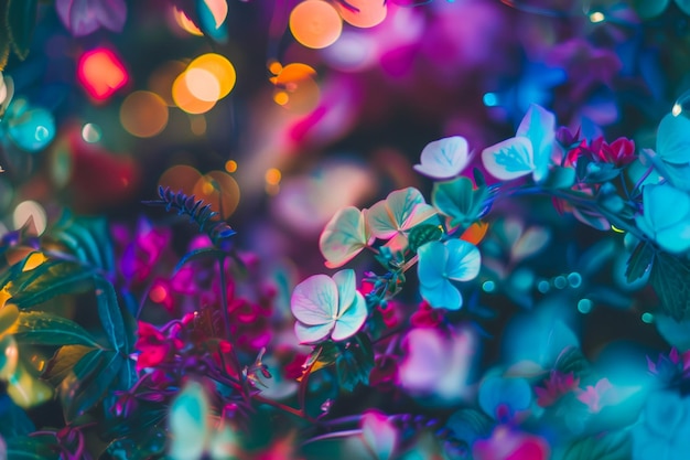 Vibrant and Colorful Floral Background with Bokeh Lights in a Dreamy Garden