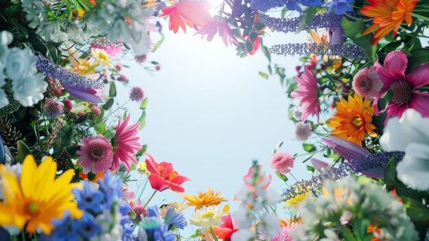 Photo vibrant colorful floral frame with blue sky background in summer garden