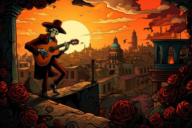 A vibrant and colorful illustration of the Day of the Dead