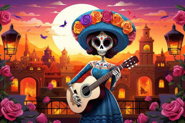 A vibrant and colorful illustration of the Day of the Dead