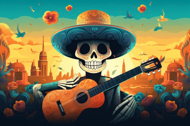 A vibrant and colorful illustration of the Day of the Dead