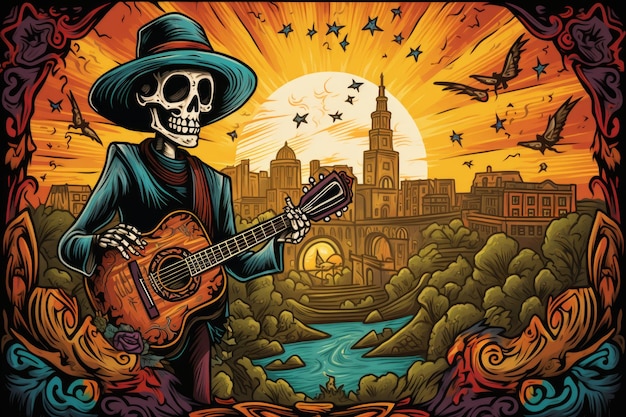 A vibrant and colorful illustration of the Day of the Dead