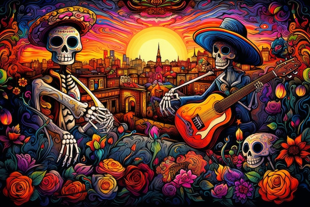 A vibrant and colorful illustration of the Day of the Dead