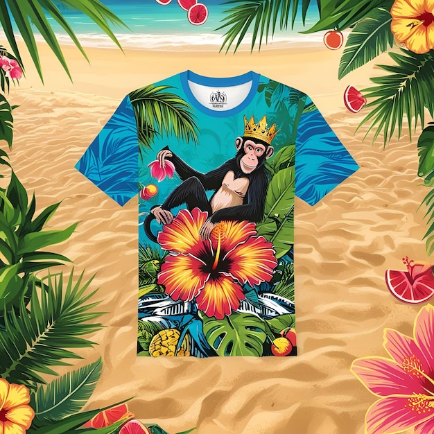 A vibrant colorful illustration of a tropical jungles witn tshirt design