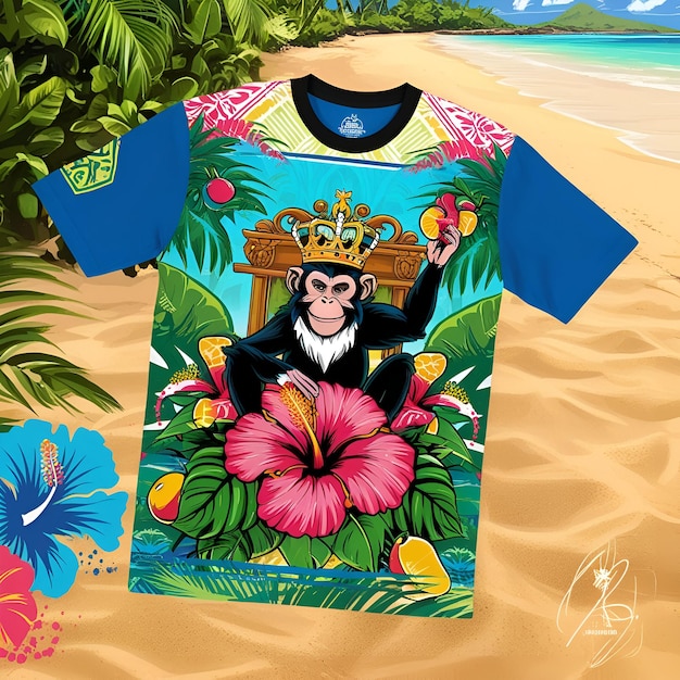 A vibrant colorful illustration of a tropical jungles witn tshirt design