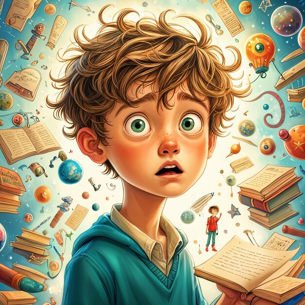 Vibrant and colorful illustration of a young boy with blonde hair wearing a blue hoodie surrounded by a multitude of books planets and other objects floating around him