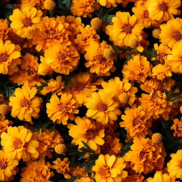 Vibrant and colorful marigold flower blooms in a seamless pattern viewed from the top