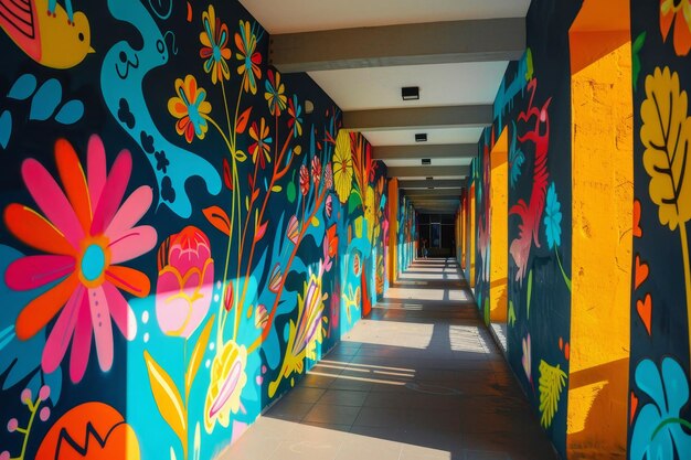 Photo a vibrant colorful mural adorns the walls of a college hallway adding a burst of art to the academic space colorful graffiti on the walls of campus buildings