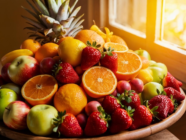 A vibrant and colorful photo of an assortment of fresh fruits