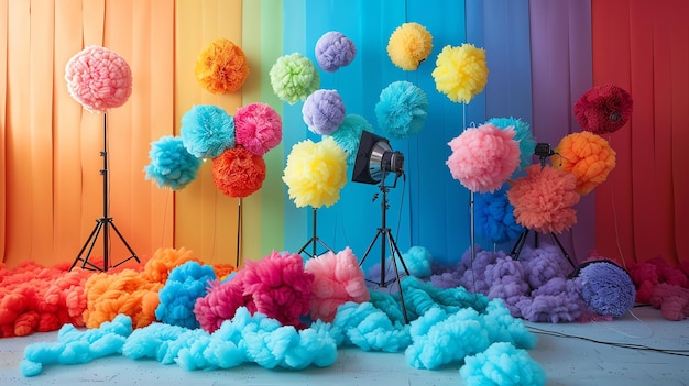 Vibrant and colorful photo studio with rainbow backdrop and fluffy cloudlike decorations Perfect for creative and whimsical photoshoots