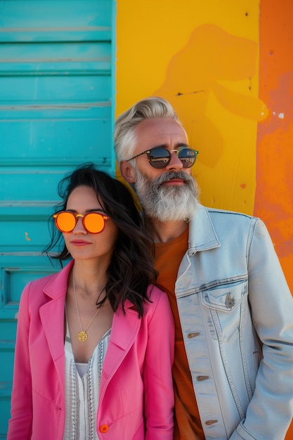 Vibrant and colorful portrait of a stylish age gap couple young woman in her 30s and mature man in his 50s