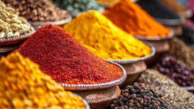 A vibrant and colorful selection of spices in bowls at a market stall