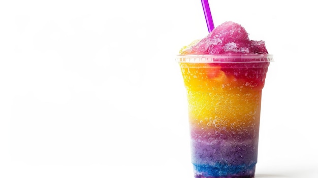 Photo vibrant colorful slushie drink in plastic cup with straw on white background