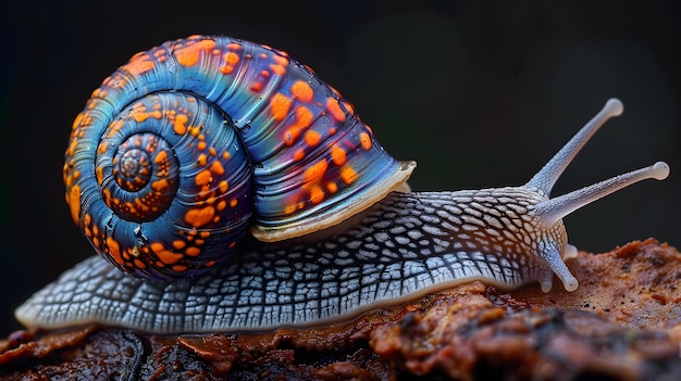 Vibrant and Colorful Snail with Intricate Shell Pattern on Forest Floor