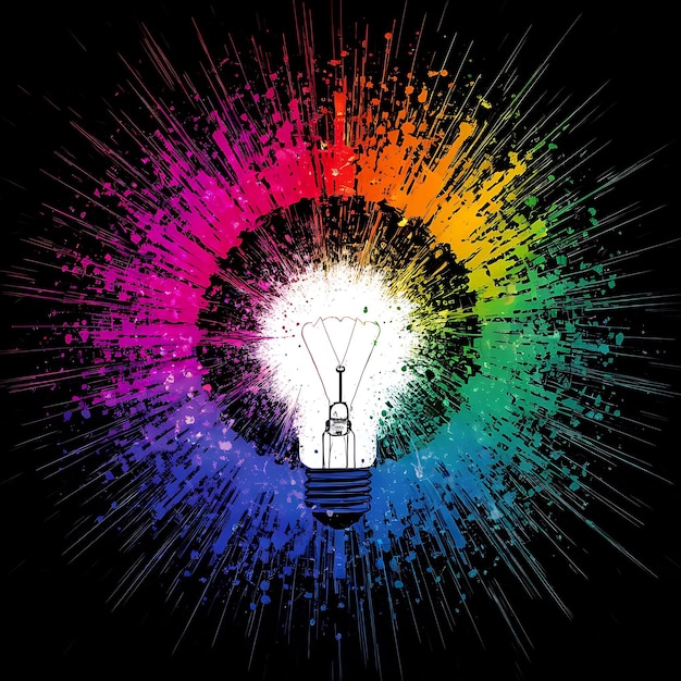 A vibrant and colorful splatter pattern surrounding a electric bulb