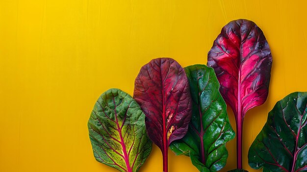 Photo vibrant and colorful swiss chard leaves on a bright yellow background natures stunning greens and