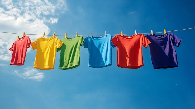 Photo vibrant colorful tshirts hanging on washing line against blue sky