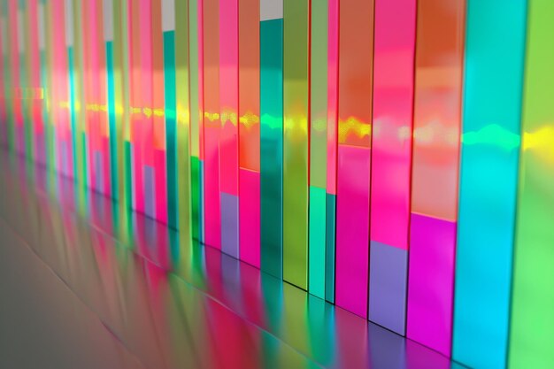 Photo a vibrant colorful wall featuring vertical bars in various shades reflecting light and creating a dynamic modern art installation