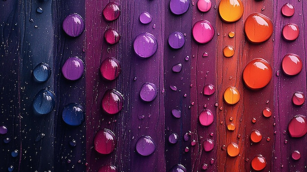 Photo vibrant colorful water droplets on a surface with soft bokeh effect in a purple and pink gradient