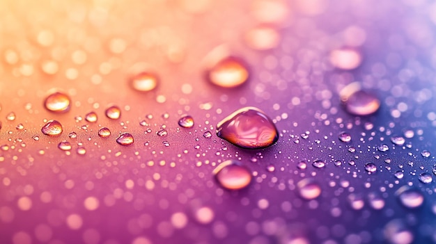 Photo vibrant colorful water droplets on a surface with soft bokeh effect in a purple and pink gradient