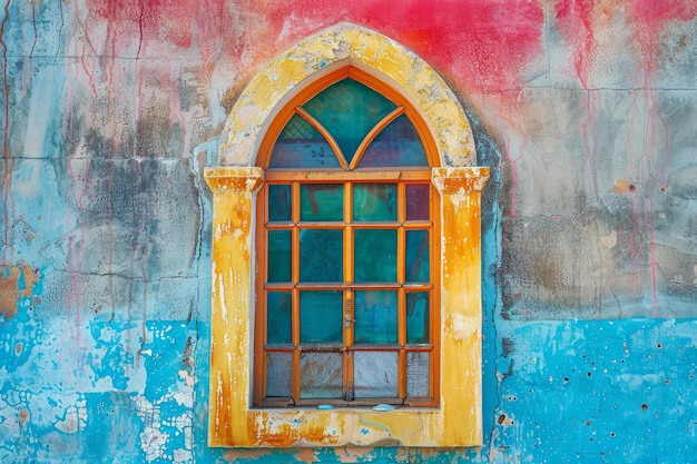 Vibrant colorful window on weathered wall