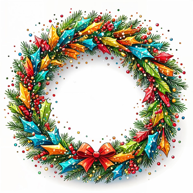 Photo vibrant colorful wreath with a variety of decorations such as pine needles berries and ribbons set against a plain background