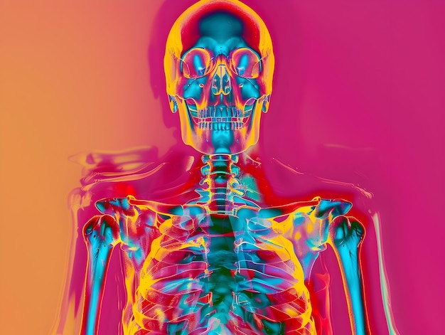 Vibrant Colorized X Ray Visualization of the Human Skeleton with Intricate Graphic