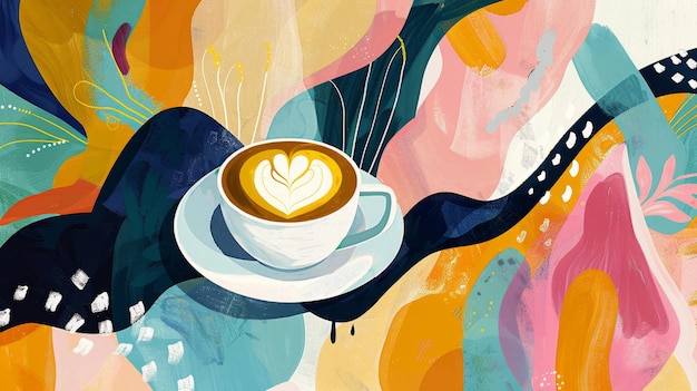 Vibrant colors and abstract shapes come together in a cute and playful coffee artwork AI generated illustration