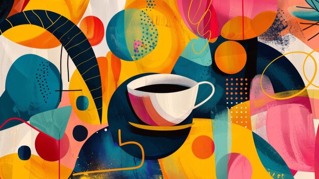 Vibrant colors and abstract shapes come together in a cute and playful coffee artwork AI generated illustration