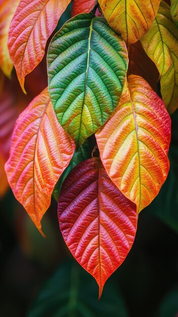 Photo vibrant colors of cacao leaves turning from green to shades of orange red and yellow create stunning visual display this transformation showcases natures beauty and diversity