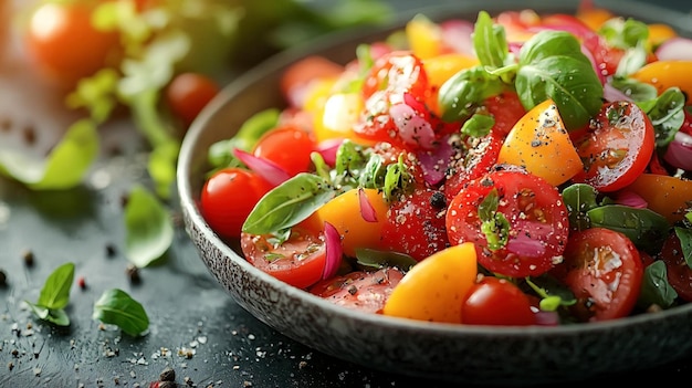 Photo vibrant colors gourmet salad food fresh vegetables with blurred background