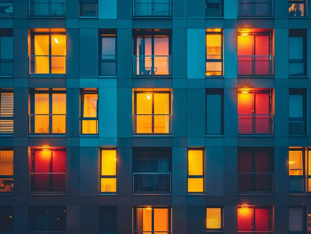 Photo vibrant colors illuminate modern apartment building windows during early evening hours