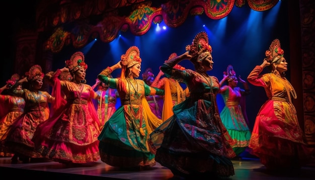 Vibrant colors joyful spirits traditional Indian dancing generated by AI