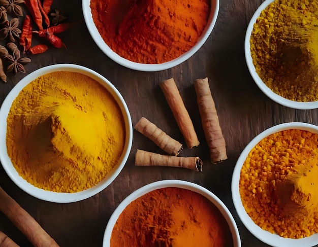 The vibrant colors of spices like turmeric paprika and saffron arranged in bowls