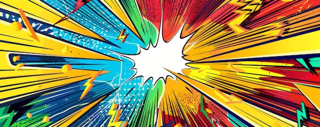 Vibrant comic book explosion with multicolored dynamic bursts and lightning bolts