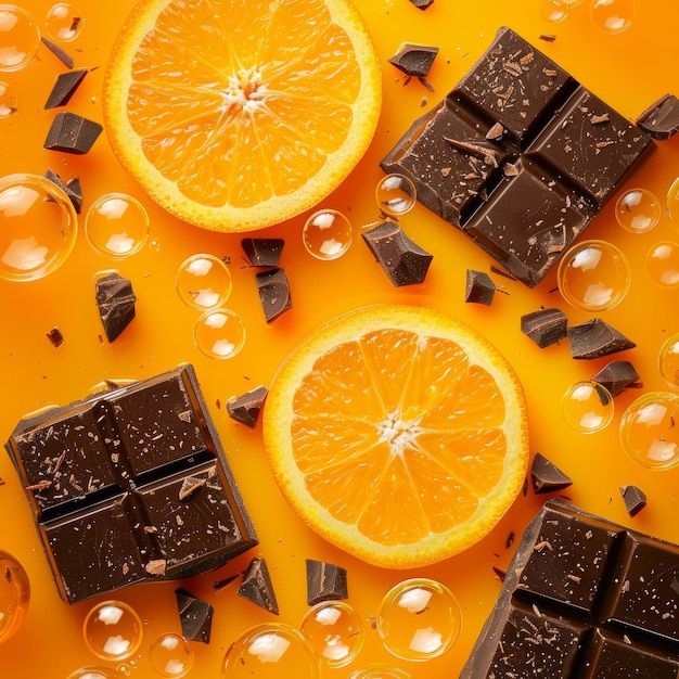 Vibrant composition of orange slices and dark chocolate pieces against a glowing orange backdrop