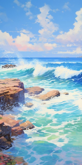 Vibrant Composition Of Rocky Waves Breaking Over Azure Rocks