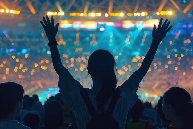 Photo vibrant concert scene captures a lively atmosphere as people cheer and raise their arms in unison