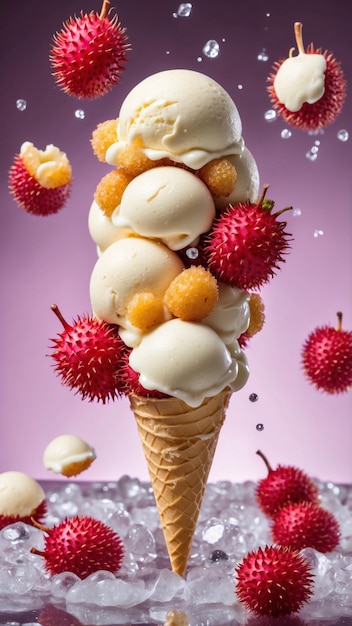 A vibrant cone of ice cream adorned with exotic fruit splashing midair against a purple backdrop