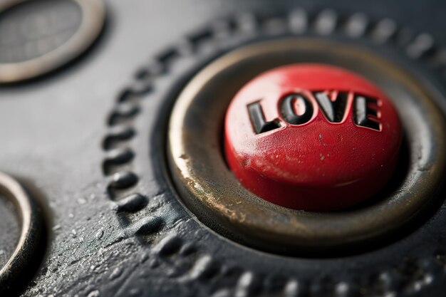 Vibrant control button with the word LOVE embossed in bold letters affixed to a weathered industrial panel symbolizing the power and urgency of love Valentines concepts