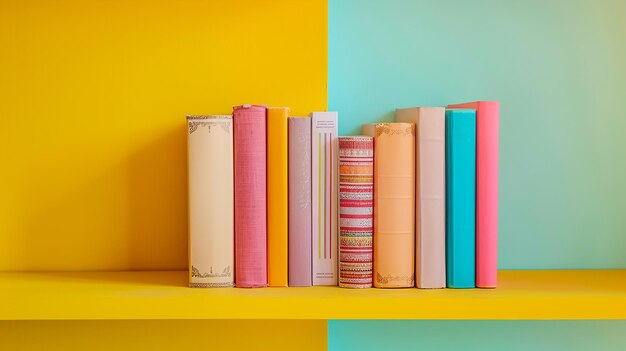 Photo vibrant cookbooks on a kitchen shelf