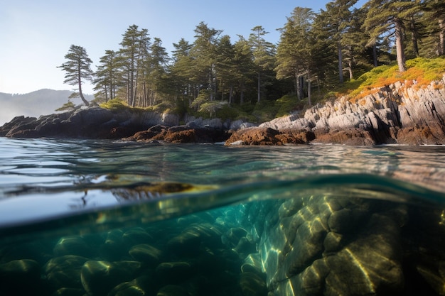 Vibrant coral reef surrounded by kelp forests