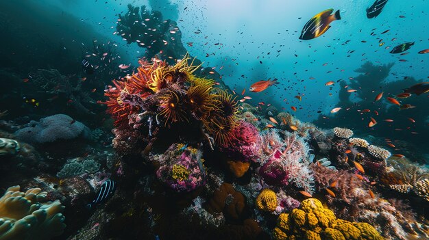 Vibrant Coral Reef Teeming With Colorful Fish in Tropical Waters Under Clear Blue Sky