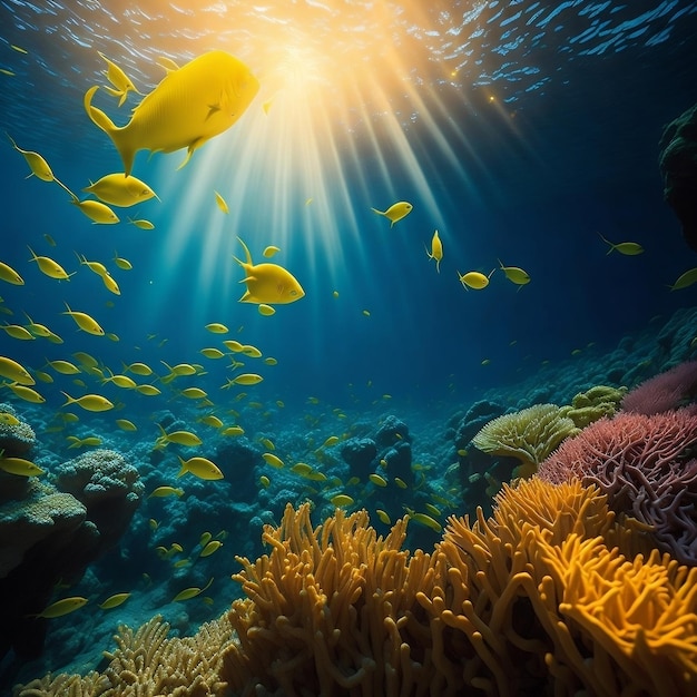 A vibrant coral reef teeming with life illuminated by the golden rays of the sun