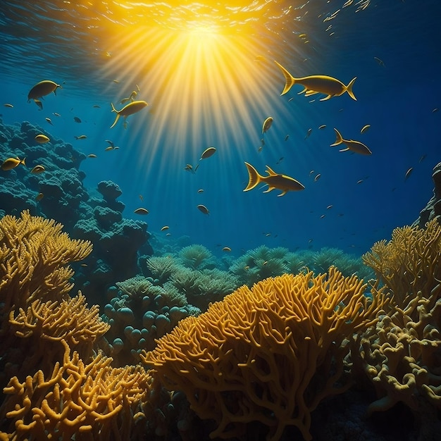 A vibrant coral reef teeming with life illuminated by the golden rays of the sun