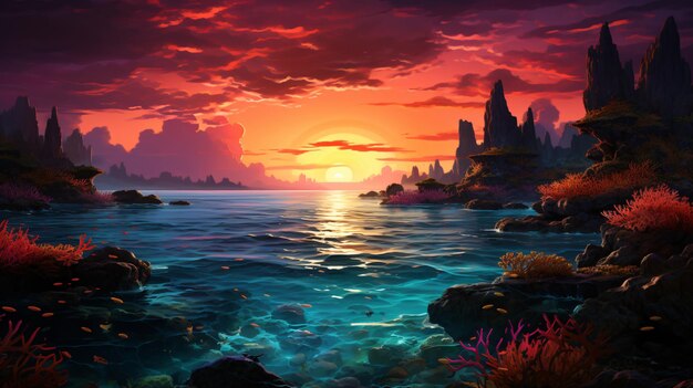 Vibrant Coral Reef in an Underwater Paradise Framed by a Breathtaking Sunset